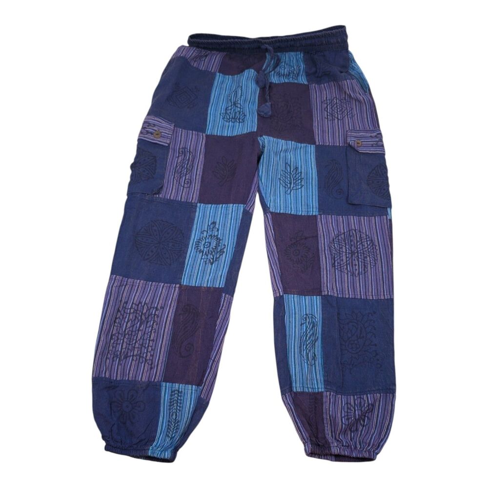 Patchwork Hippy Festival Trousers Block Printed Ethnic Boho Hippie EDM Pants L - Picture 2 of 8